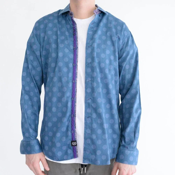 Au Noir Blue Polka Dot 100% Cotton Button Down Designer Dress Shirt Size 4 Large - Picture 1 of 16